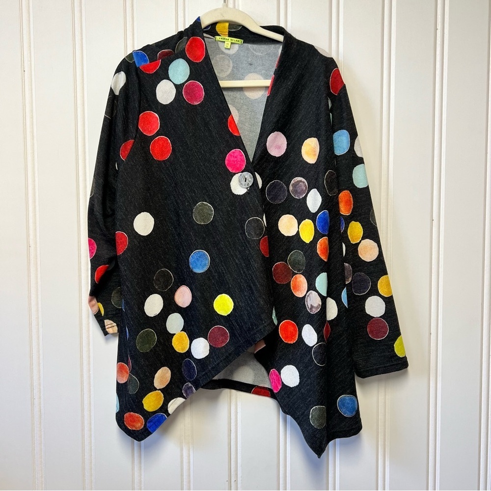 Trisha Tyler one X polkadot cardigan black colorful print asymmetrical knit